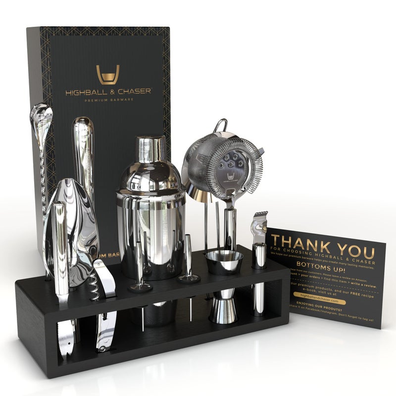 Highball  Chaser Highball & Chaser 13-Piece Cobbler Cocktail Shaker Set Stainless Steel Mixology Bartender Kit With Stand For Home Bar Cocktail Set | Laser Engraved Cocktail Tools | Plus Ebook with 30 Cocktail Recipes - Image 1
